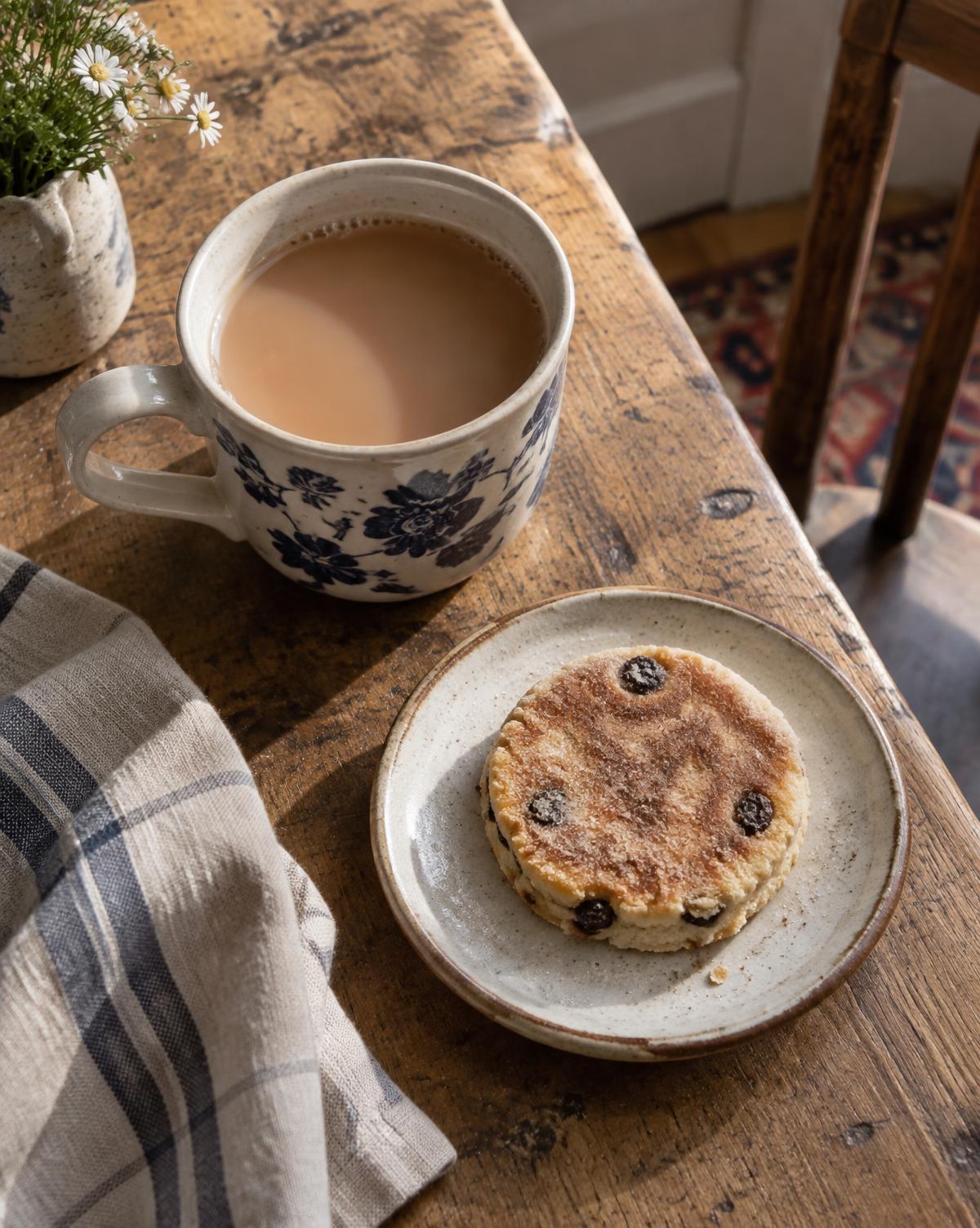 A cup of tea and a Welsh cake on a wooden table